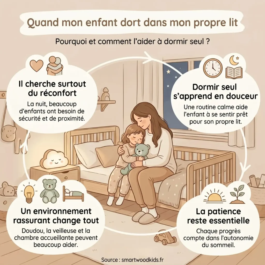 Infographie sur l'enfant qui dort dans le lit de ses parents - besoin de réconfort, routine calme, environnement rassurant et patience pour apprendre à dormir seul