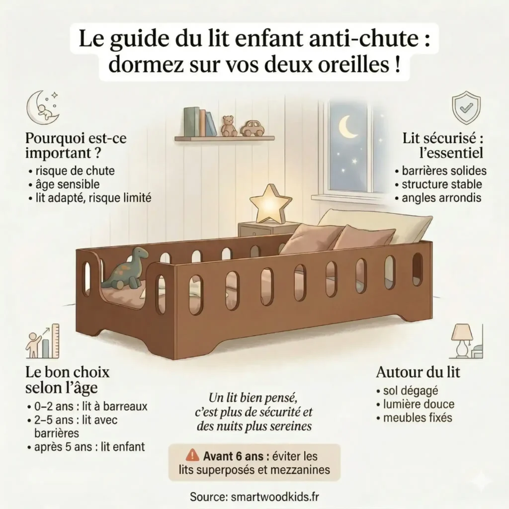 Infographie guide ultime du lit enfant anti-chute - conseils de sécurité par âge, barrières, angles arrondis et aménagement de la chambre enfant