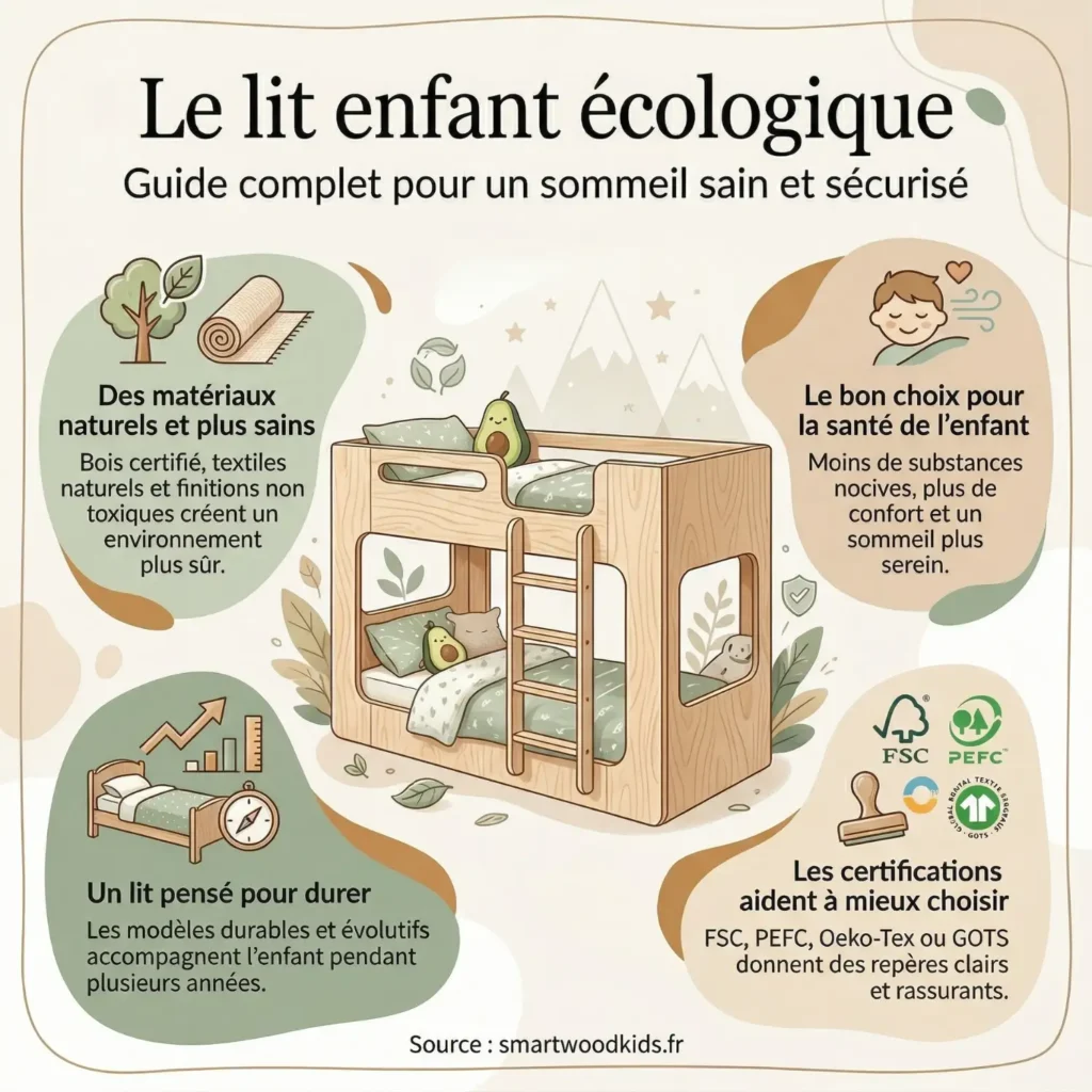 Infographie sur le lit enfant écolo - matériaux naturels certifiés FSC et PEFC, finitions non toxiques et modèles durables pour un sommeil sain et sécurisé