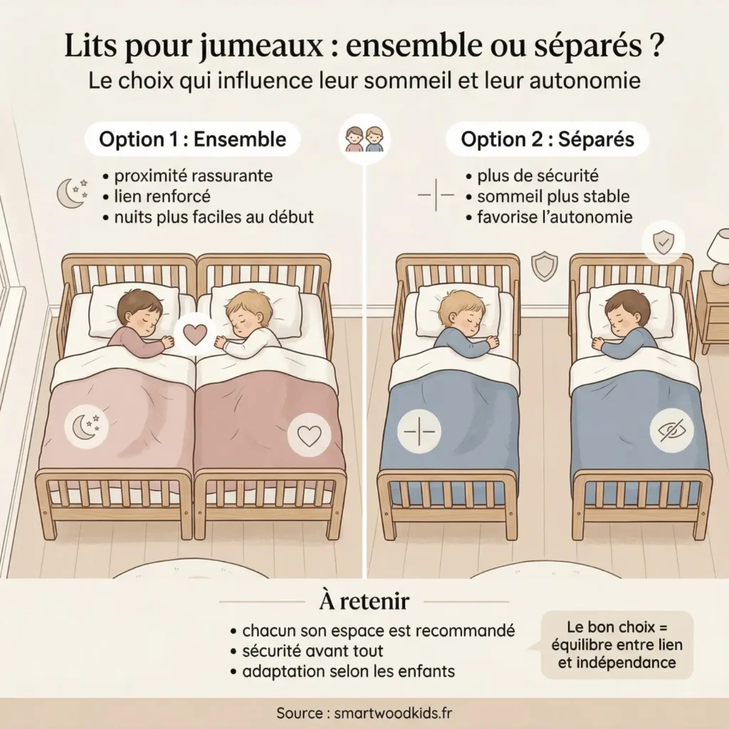 Infographie sur les lits pour jumeaux - comparaison entre dormir ensemble et séparément, impact sur le sommeil et l'autonomie dans une chambre enfant