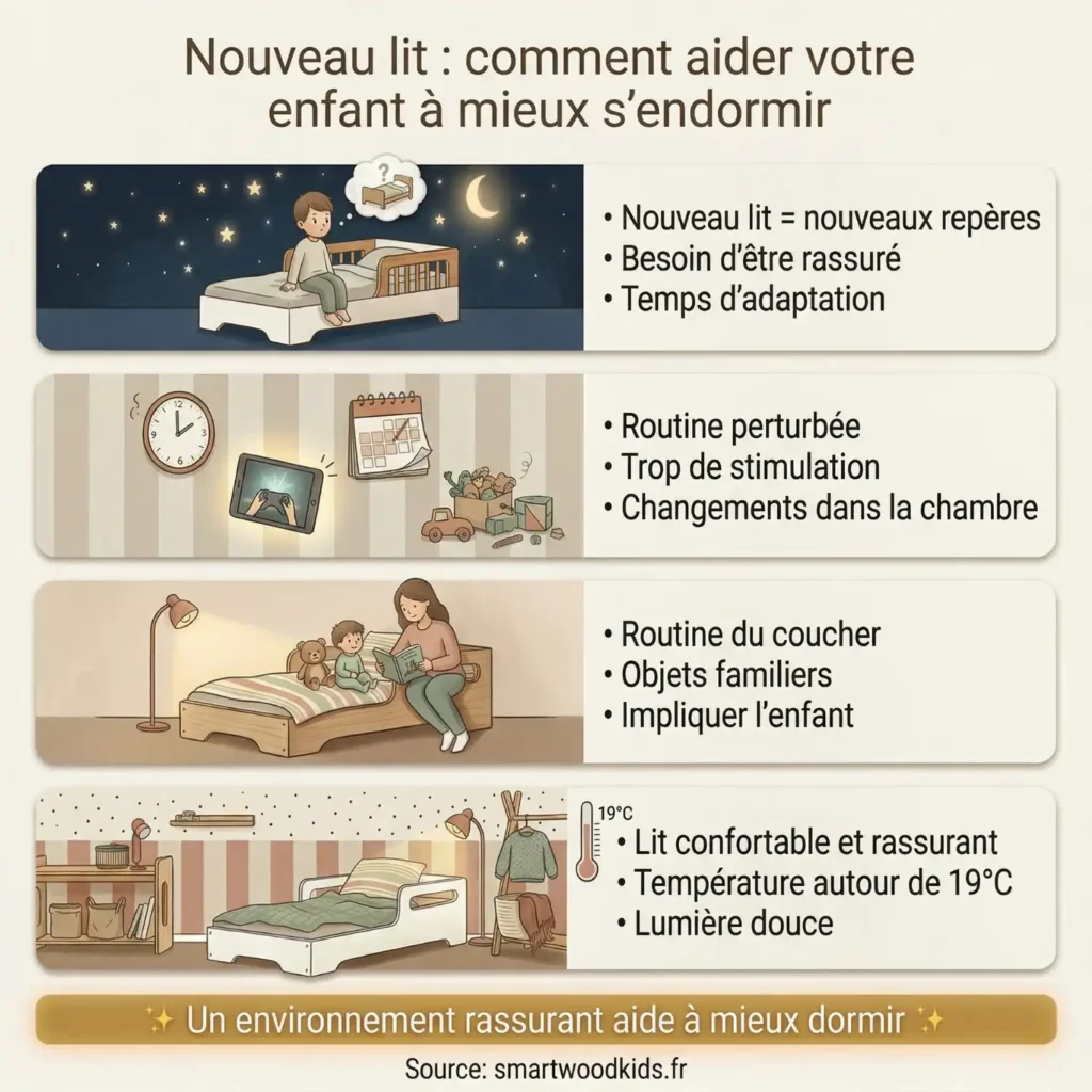 Infographie avec conseils pour aider un enfant à mieux s'endormir dans un nouveau lit - routine du coucher, objets familiers et environnement rassurant