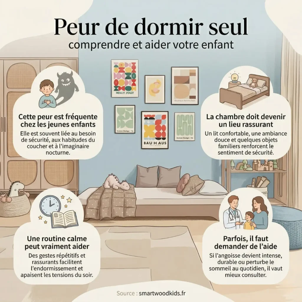 Infographie sur la peur de dormir seul chez l'enfant - causes fréquentes, chambre rassurante, routine calme et quand consulter un spécialiste