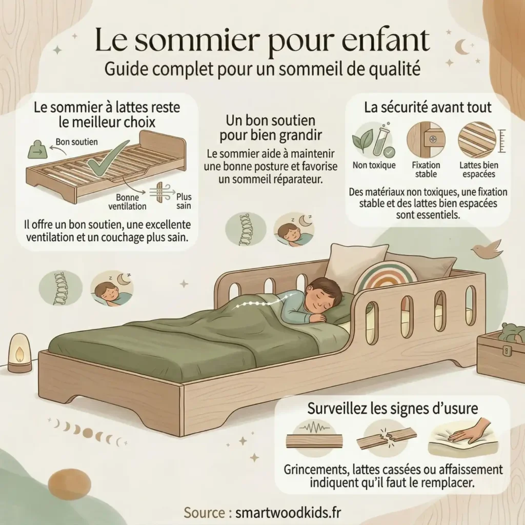 Infographie guide complet du sommier pour enfant - sommier à lattes, sécurité des matériaux non toxiques, soutien de la posture et signes d'usure à surveiller