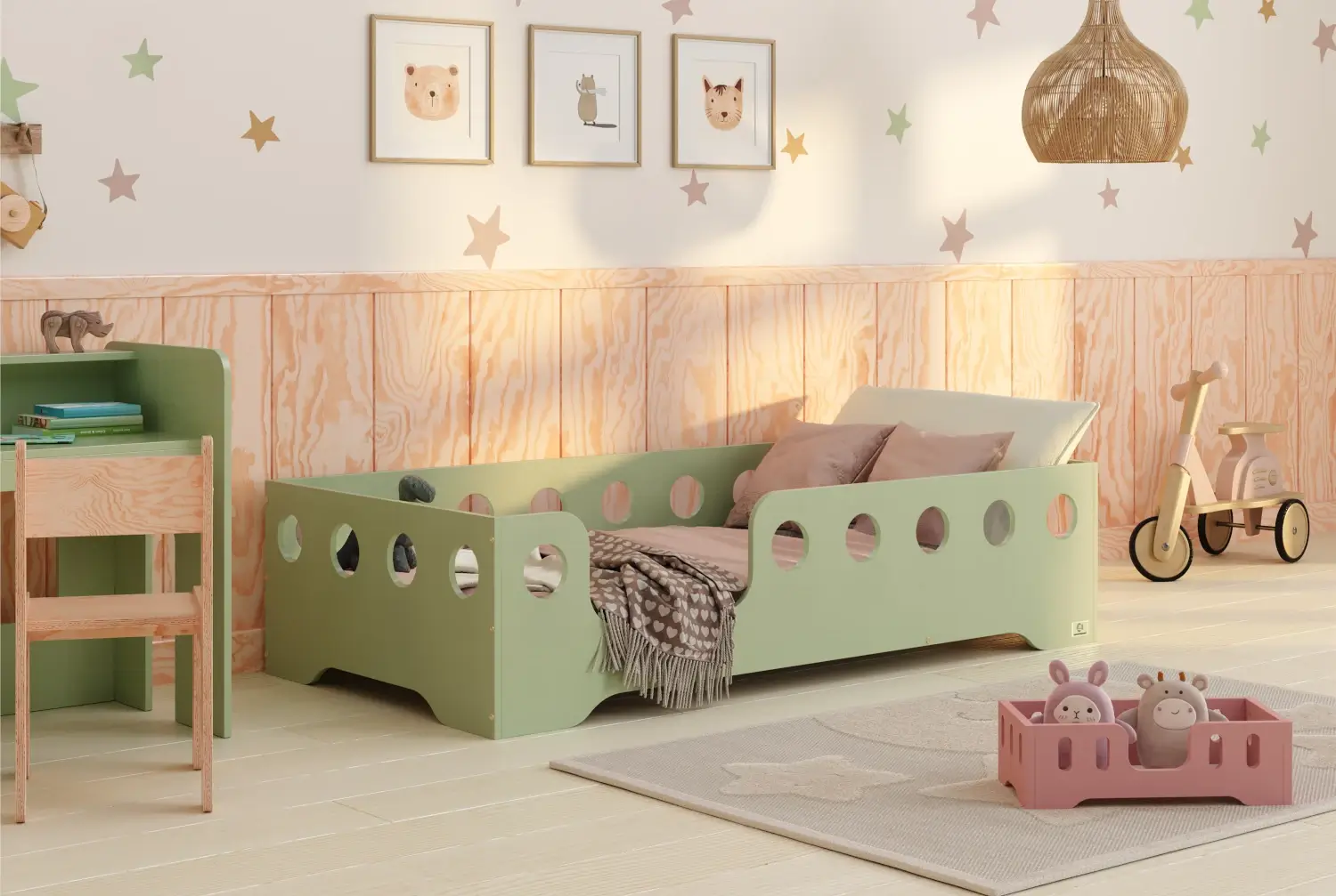 Lit simple enfant en bois avec barrière de sécurité et sommier TILA 4 Montessori