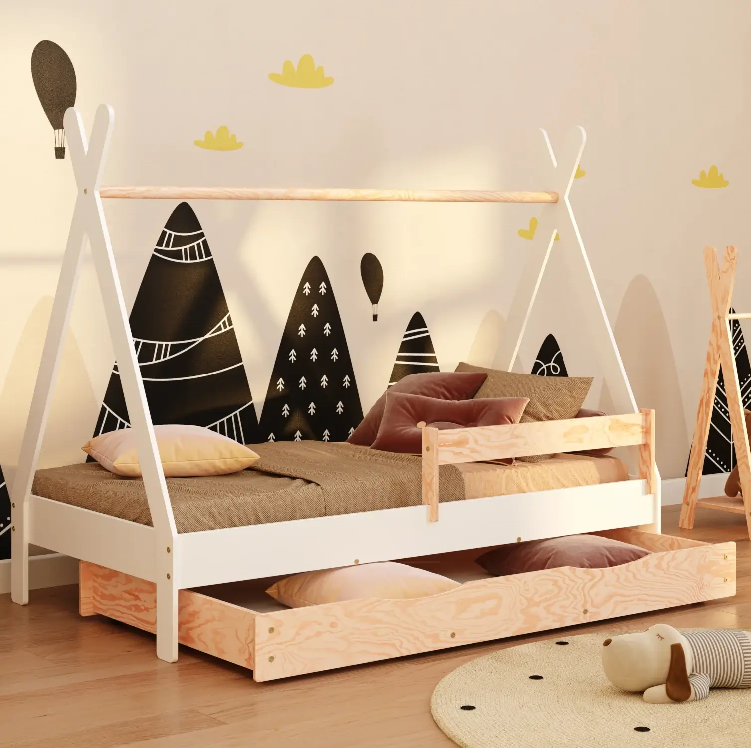 Lit cabane en bois pour enfant avec tiroir, barrière de sécurité et sommier TIPI DRAWER Blanc