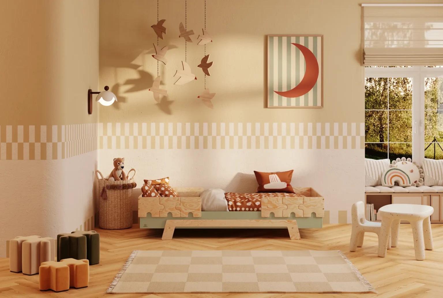 Lit enfant Puzzle BR2 vert et bois naturel avec barrière puzzle dans une chambre d'enfant