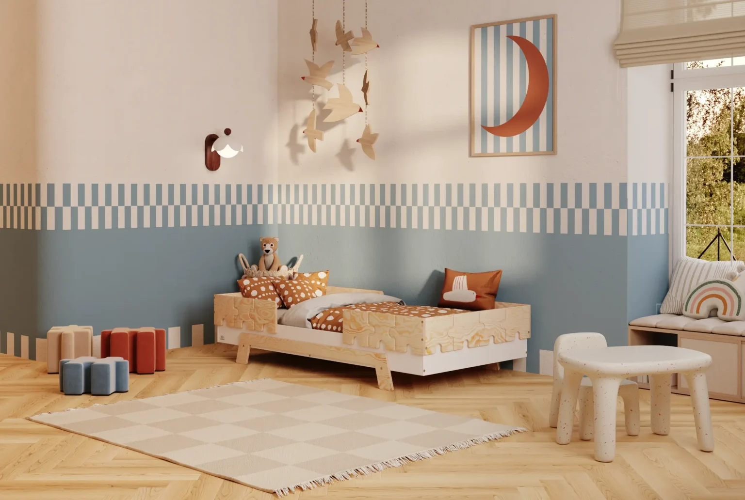 Lit simple enfant en bois avec barrières et sommier PUZZLE BR2 Montessori