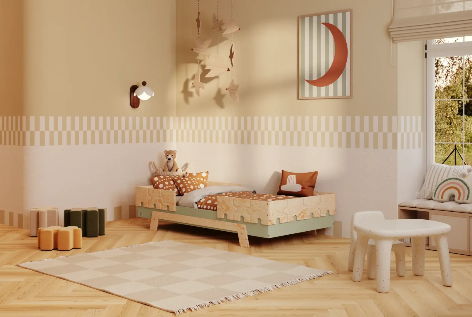 Lit simple enfant en bois avec barrières et sommier PUZZLE BR2 Montessori