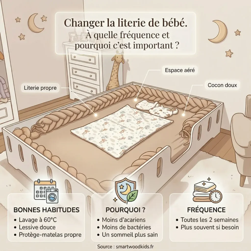 Infographie changer la literie de bébé - fréquence, bonnes habitudes de lavage et pourquoi c'est important pour un sommeil sain