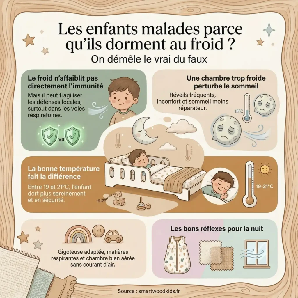 Infographie sur le lien entre le froid et la santé des enfants pendant le sommeil - température idéale de la chambre entre 19 et 21°C et bons réflexes pour la nuit