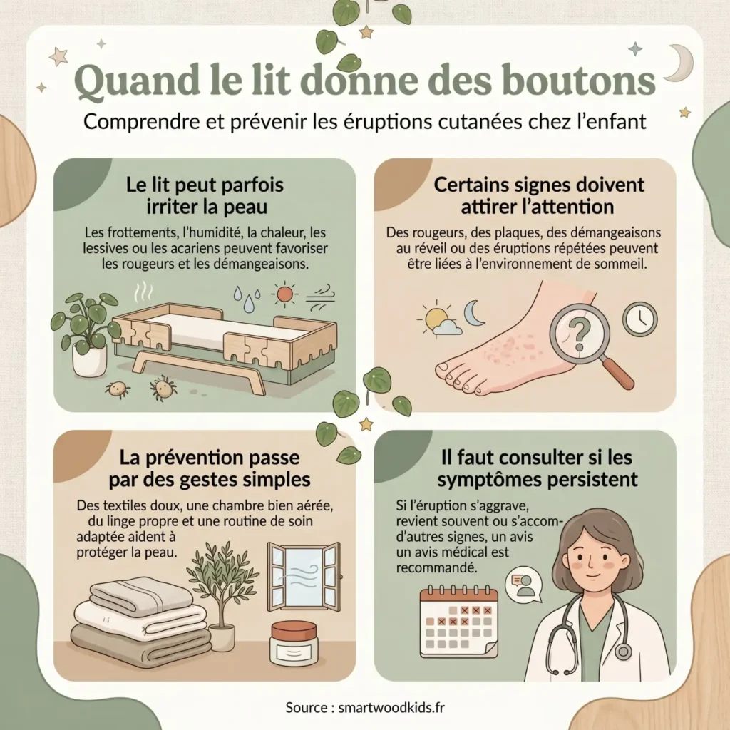 Infographie sur les éruptions cutanées liées au lit chez l'enfant - causes comme les acariens et textiles irritants, prévention avec des gestes simples et quand consulter