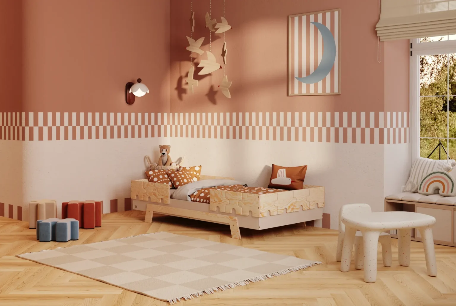 Lit enfant PUZZLE BR2 cachemire avec barrières en forme de puzzle dans une chambre chaleureuse aux tons terracotta