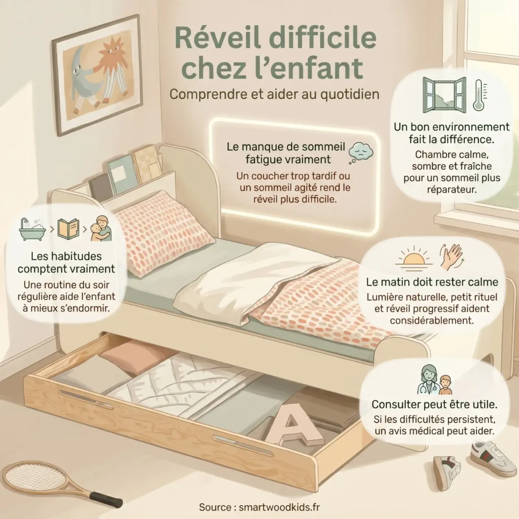 Infographie sur le réveil difficile chez l'enfant - manque de sommeil, routine du soir, environnement calme et réveil progressif le matin pour mieux commencer la journée