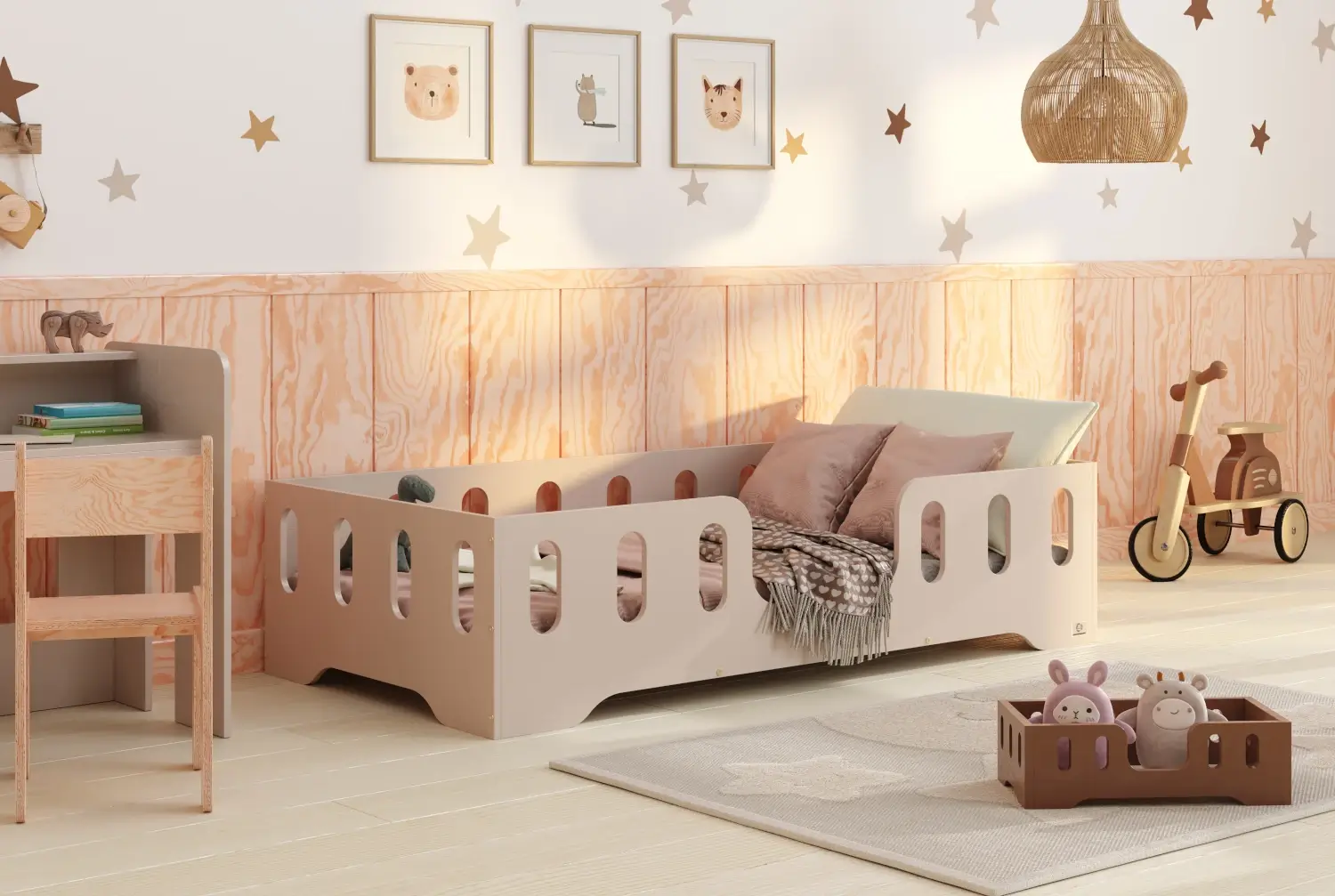 Lit simple en bois pour enfant avec barrière de sécurité et sommier TILA 2 Montessori