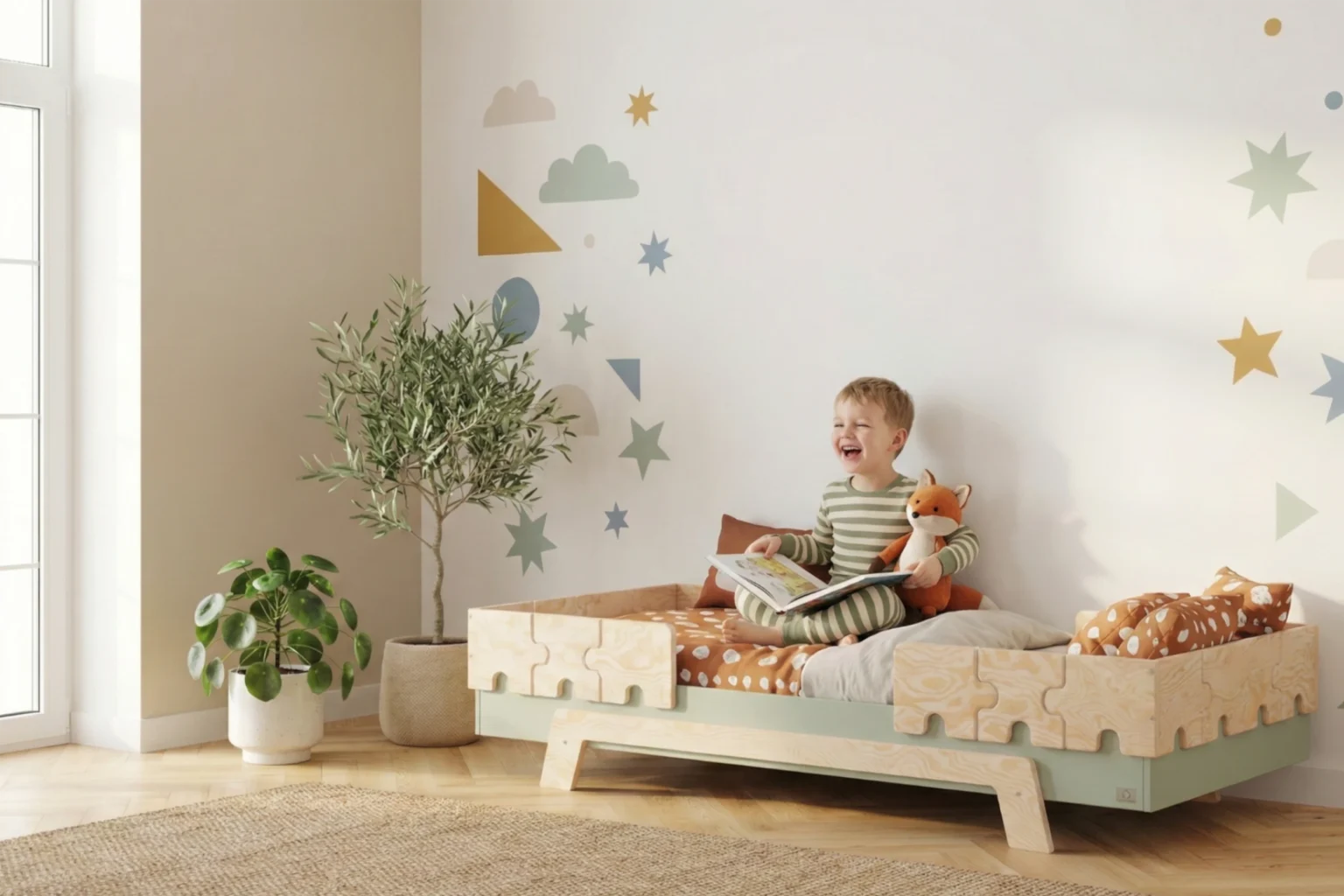 Lit enfant PUZZLE BR2 vert avec barrières au motif puzzle et entrée centrale, linge de lit à pois dans une chambre lumineuse.