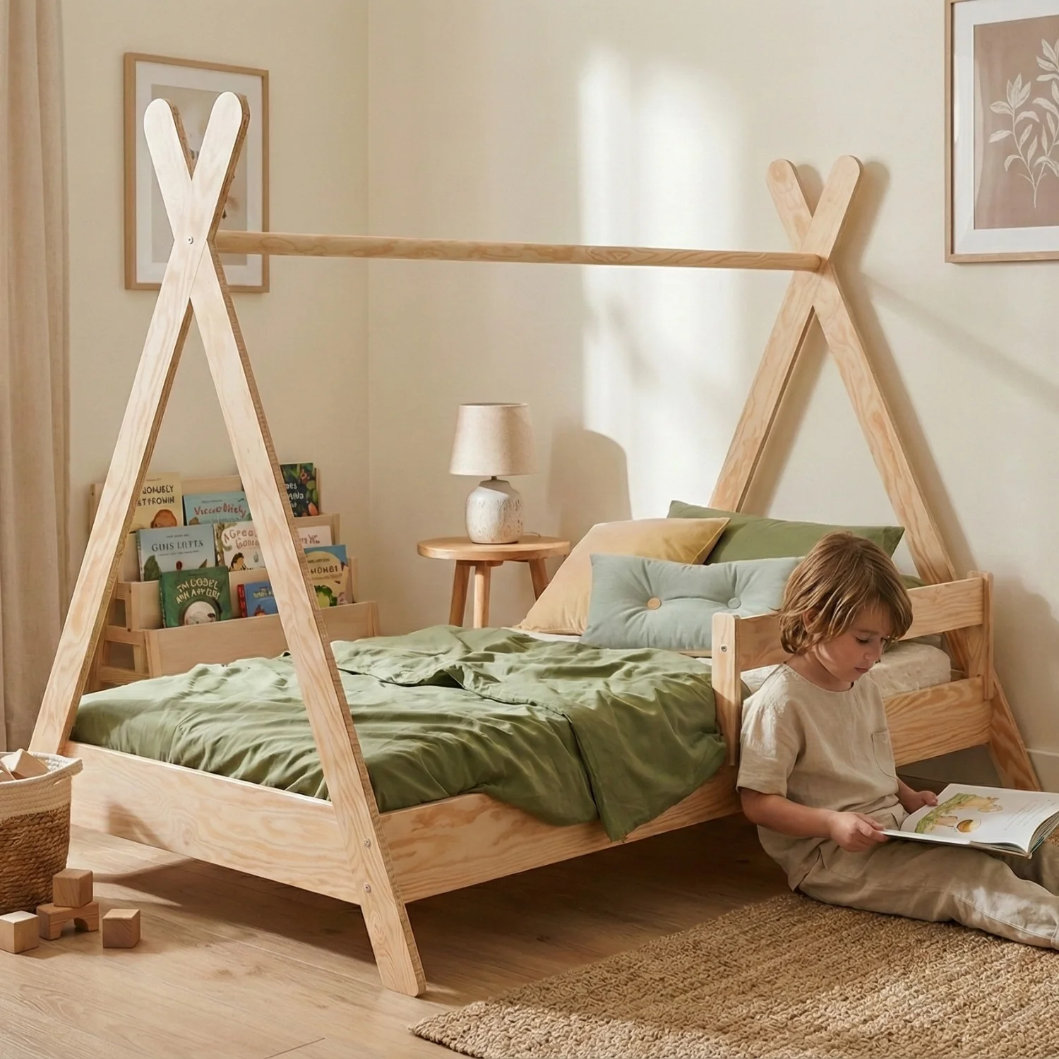 Lit cabane en bois pour enfant avec barrière de sécurité et sommier TIPI Montessori