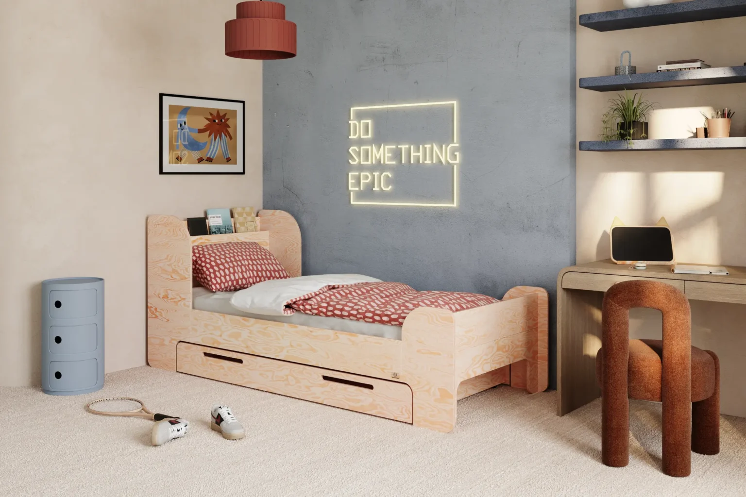 Lit pour enfants et adolescents avec tiroir et sommier FLOU D Classique en bois