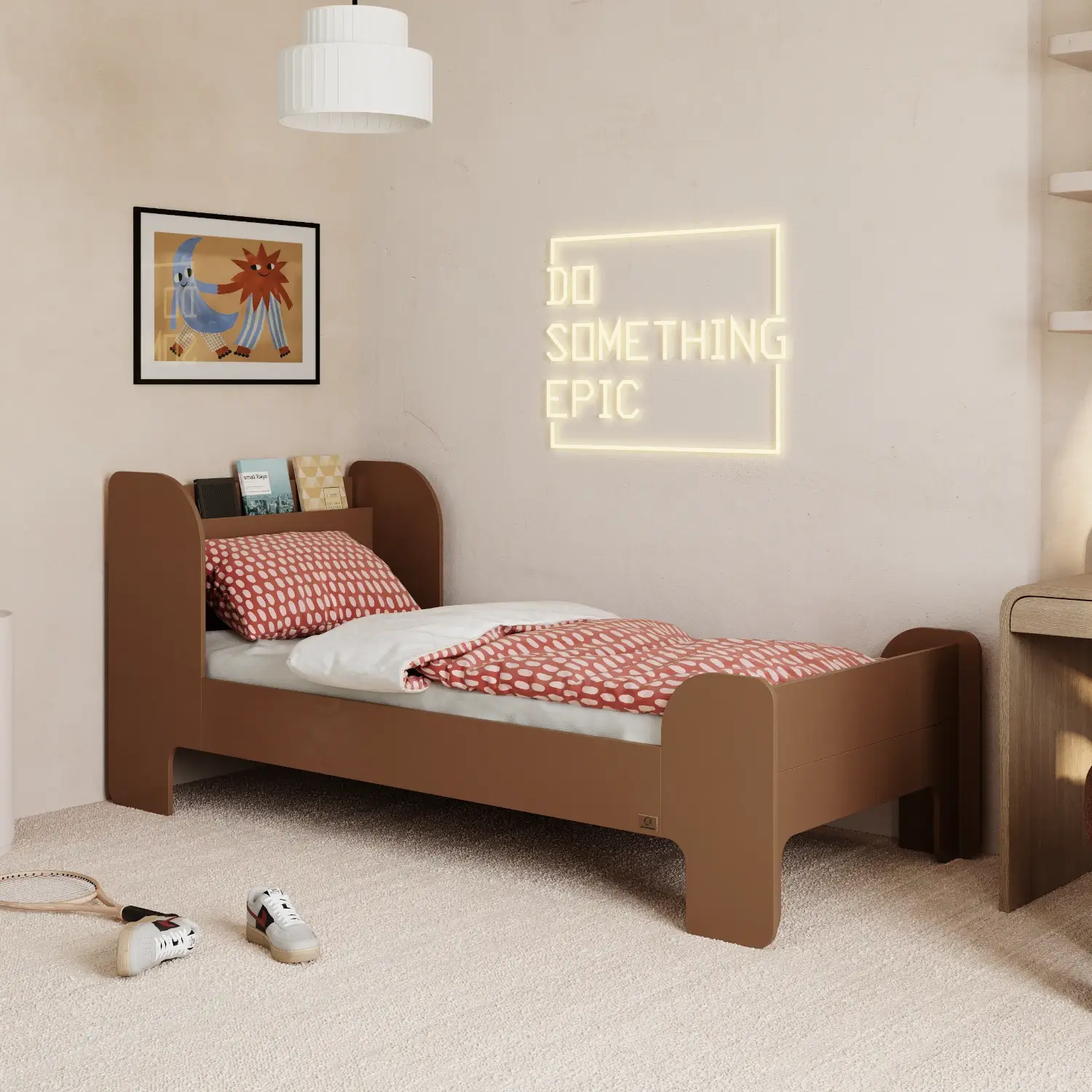 Lit pour enfants et adolescents avec étagère et sommier FLOU Classique en bois Chocolat