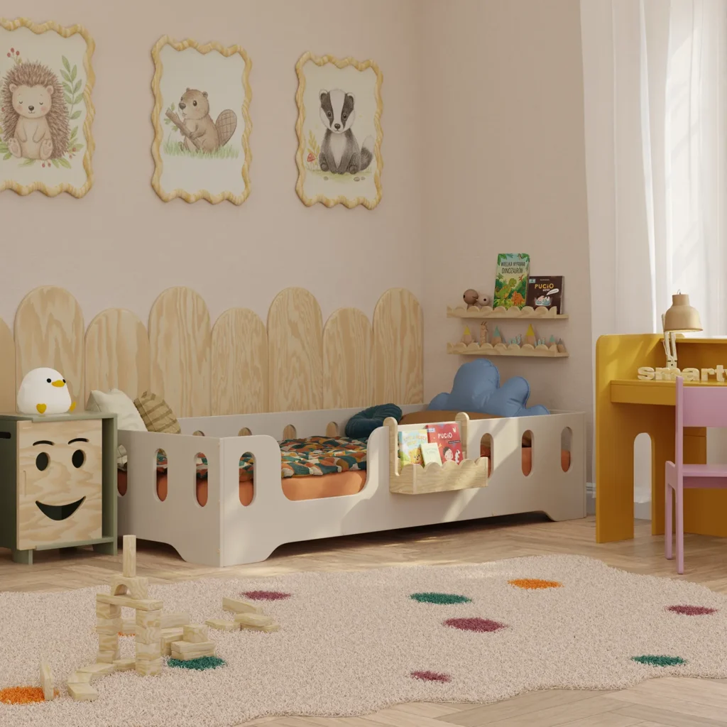 Étagère suspendue LULI Montessori en bois naturel sur lit d’enfant, chambre lumineuse, rangement pratique pour livres d’enfants.