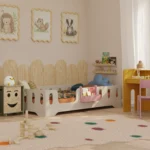 Étagère LULI Montessori rose foncé, chambre claire, rangement pour livres et accessoires d’enfants.