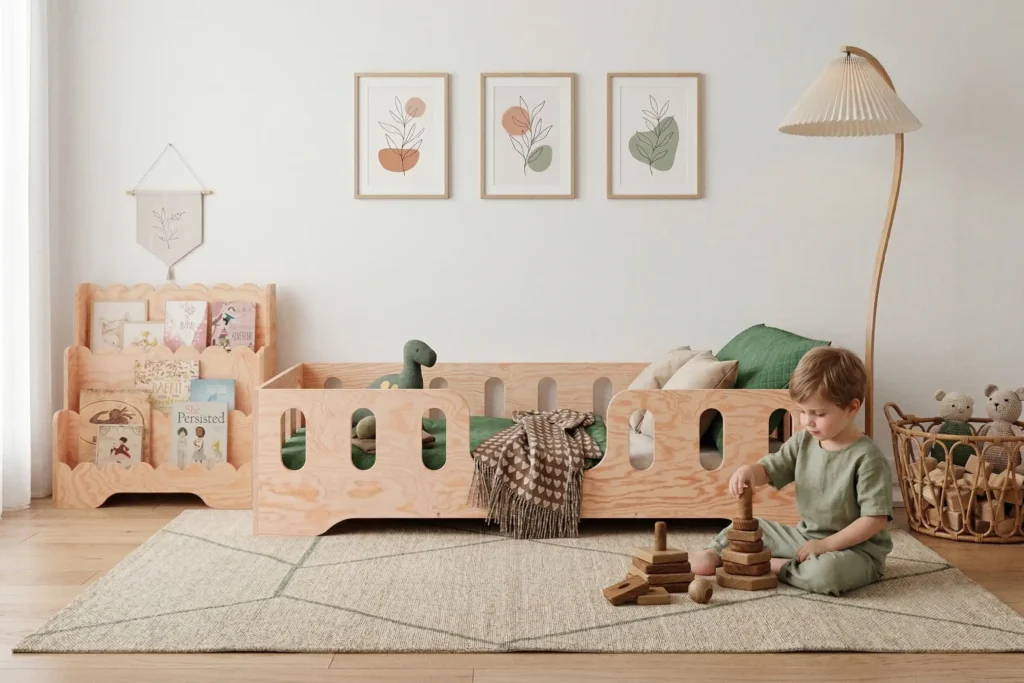 Lit bébé TILA 2 en bois naturel dans une chambre d’enfant lumineuse, style moderne et rustique, avec enfant jouant sur un tapis