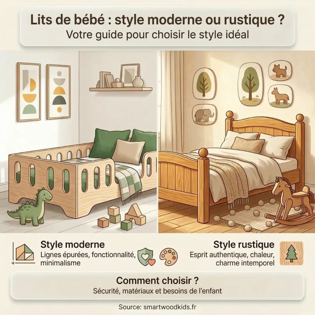Infographie comparant un lit bébé style moderne et un lit bébé style rustique dans une chambre d’enfant – guide pour choisir le style idéal