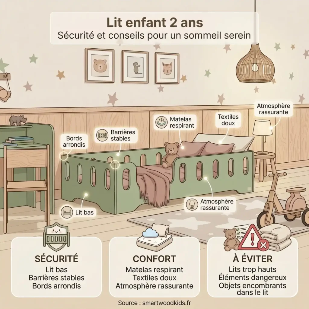 Infographie lit enfant 2 ans – sécurité, confort et conseils pour un sommeil serein du tout-petit