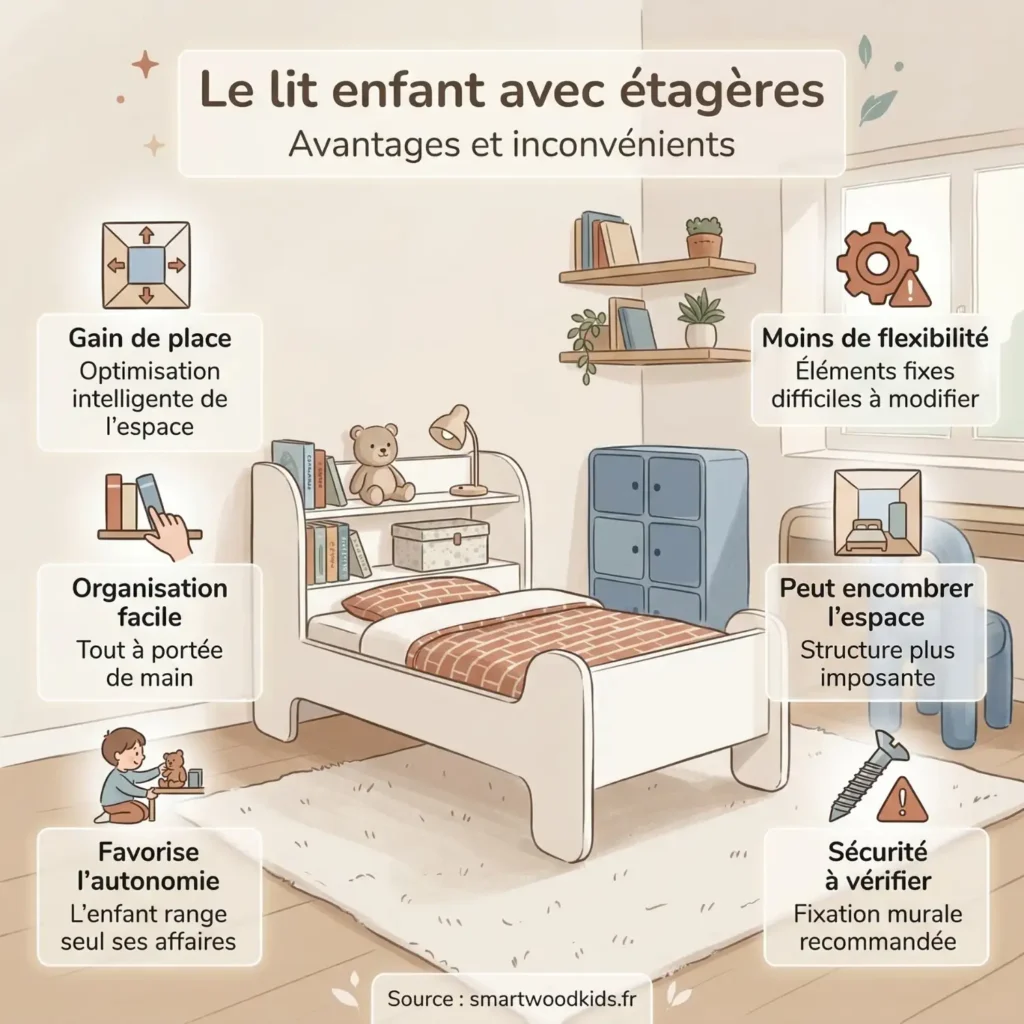 Infographie lit enfant avec étagères – avantages et inconvénients, gain de place, organisation facile, autonomie et points de vigilance