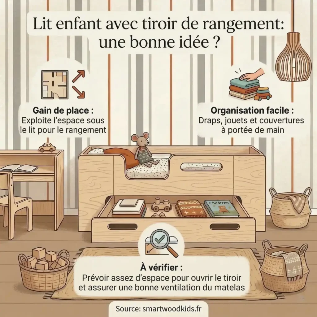 Infographie lit enfant avec tiroir de rangement – gain de place, organisation facile et conseils pour la ventilation du matelas