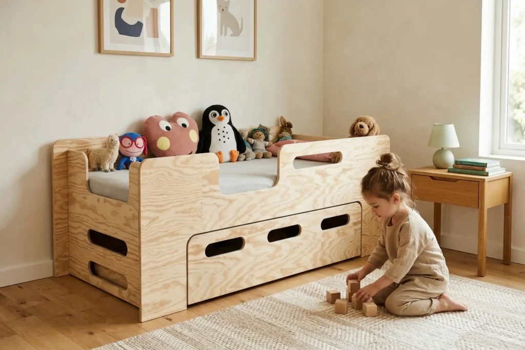 it enfant PIPI en bois naturel avec tiroir de rangement – petite fille jouant à côté du lit dans une chambre d'enfant