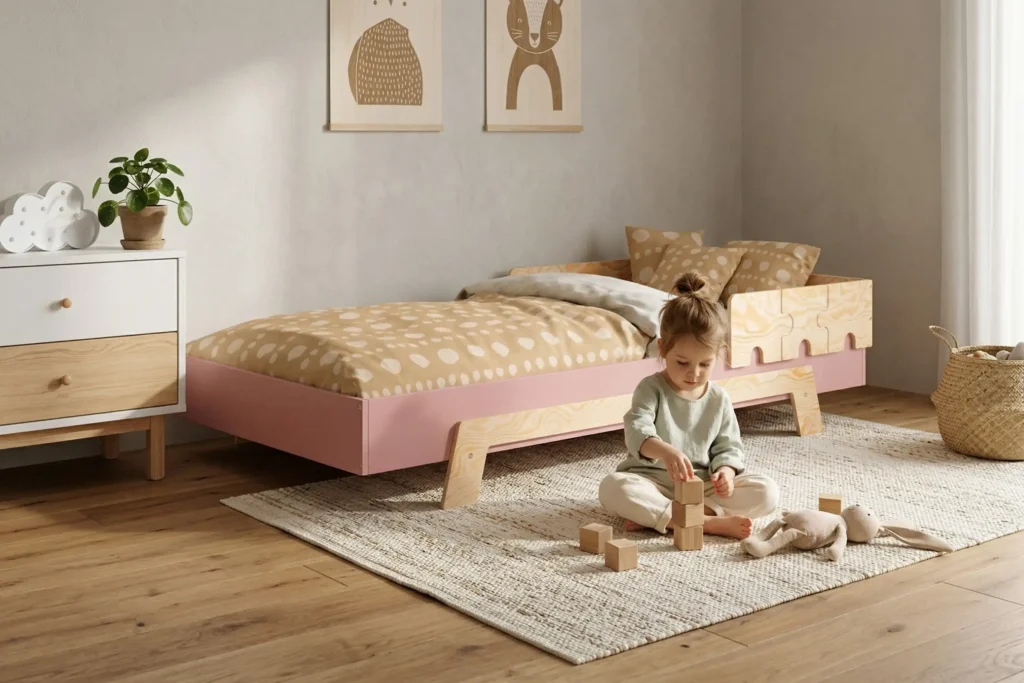 Chambre enfant avec un lit en bois PUZZLE BR1 rose - petite fille jouant avec des blocs en bois à côté de son lit Montessori