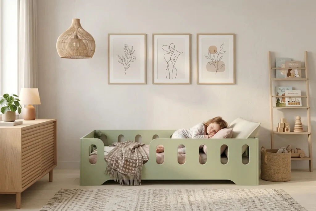 Lit enfant TILA 2 en vert avec barrières de protection – enfant endormi dans une chambre cosy
