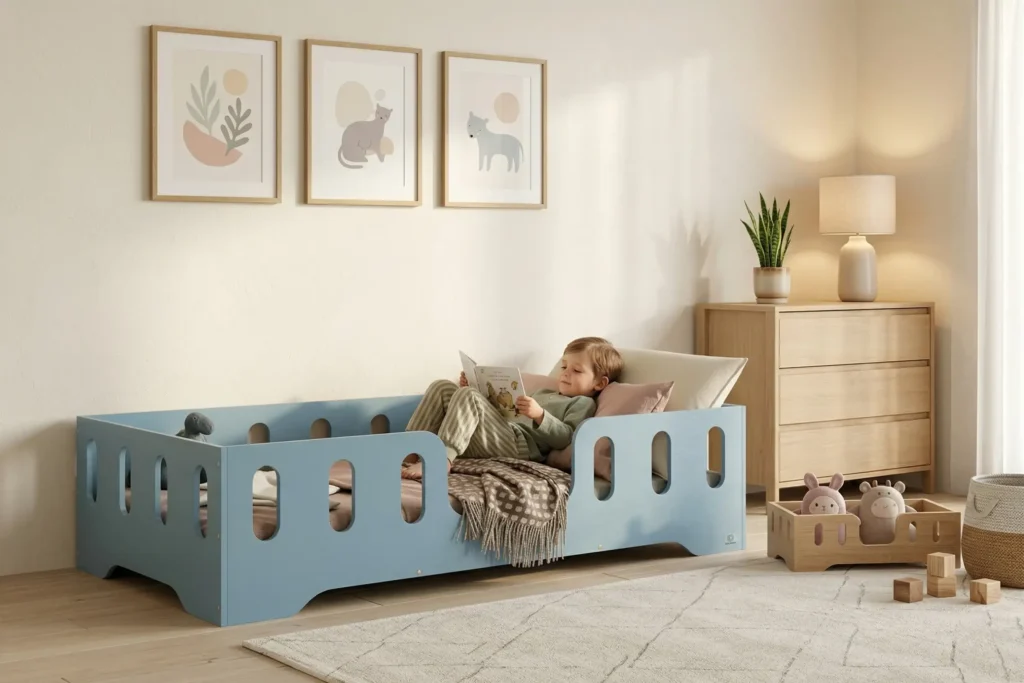 Chambre enfant avec un lit Montessori TILA 2 bleu avec barrière - garçon lisant un livre confortablement installé dans son lit sécurisé