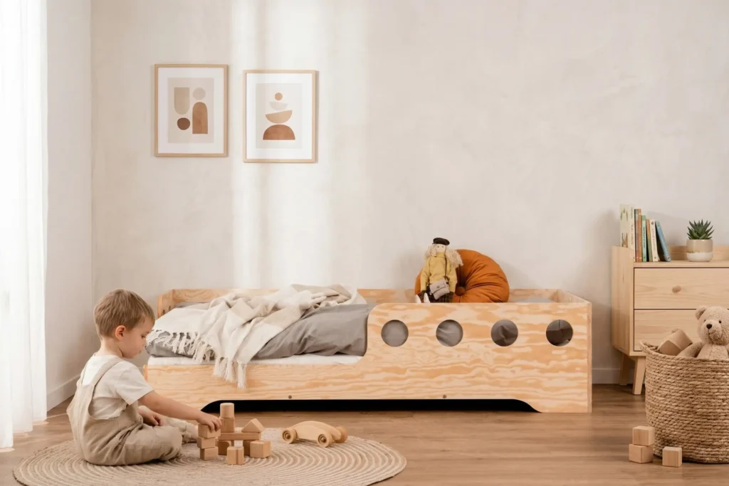 Chambre enfant avec un lit Montessori TILA 5 en bois naturel – garçon jouant avec des blocs en bois à côté de son lit
