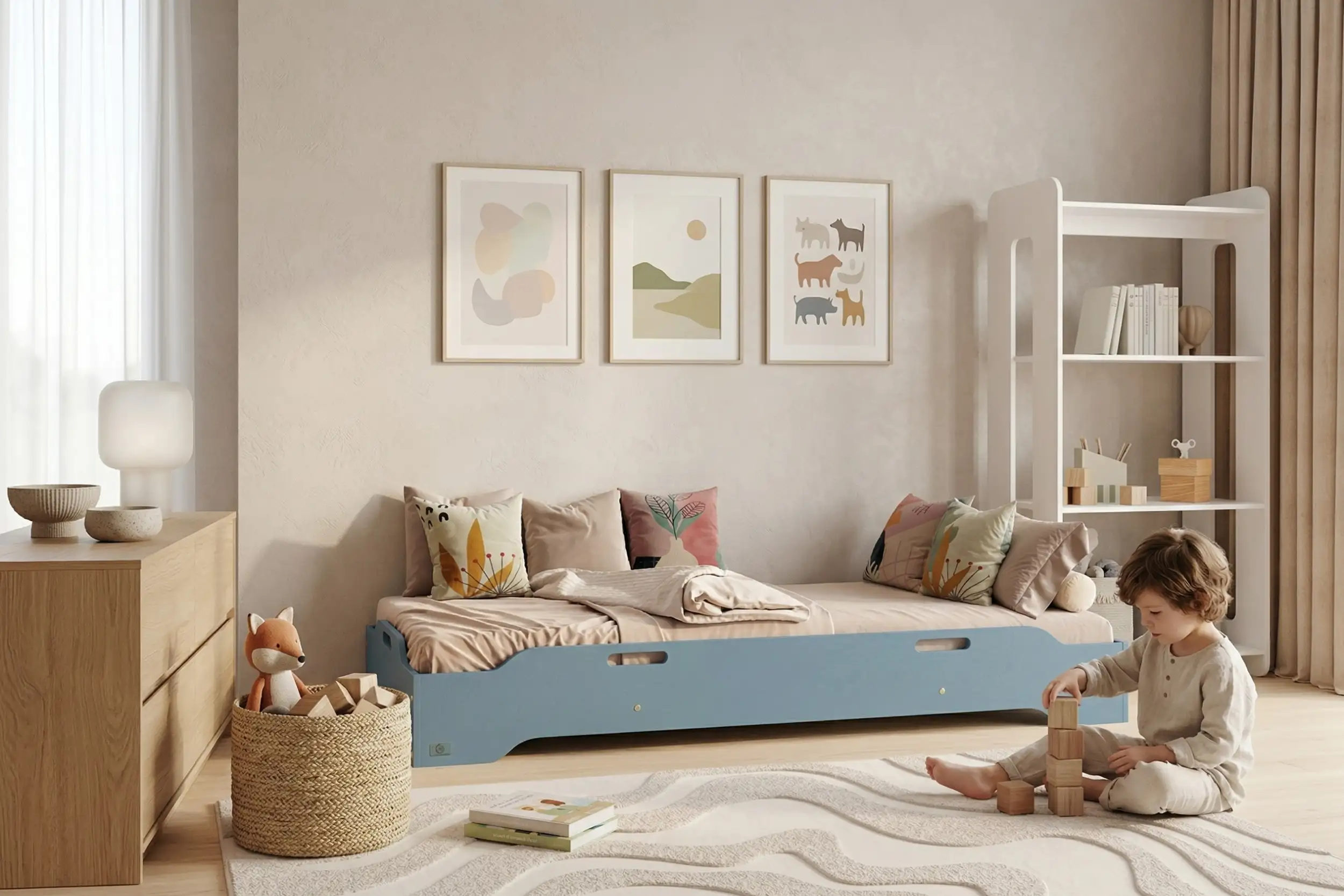 Chambre enfant chaleureuse avec un lit Montessori TILA 8 bas bleu - enfant jouant avec des blocs en bois sur un tapis doux
