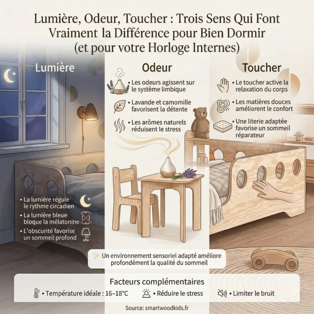 Infographie sur les trois sens qui influencent le sommeil de l'enfant – lumière, odeur et toucher dans une chambre enfant avec lit Montessori