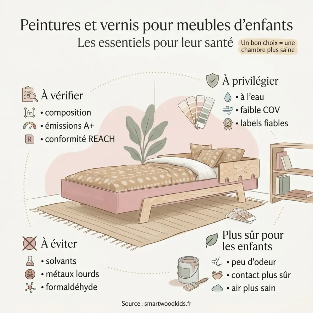 Infographie sur les peintures et vernis sûrs pour meubles d'enfants - conseils pour choisir des produits sains dans une chambre enfant