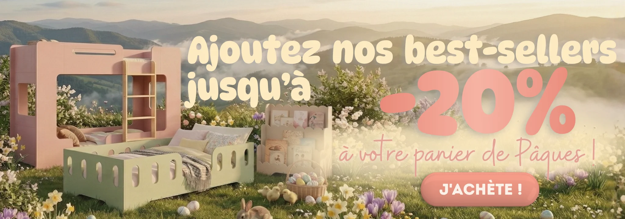 Mobilier pour enfant dans un paysage printanier de montagne avec fleurs, lapins et œufs de Pâques, mettant en avant une offre de -20 % sur les best-sellers