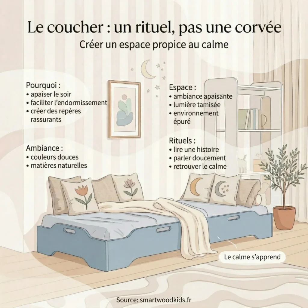 Infographie sur le rituel du sommeil de l'enfant - conseils pour créer un espace calme dans une chambre enfant avec un lit Montessori