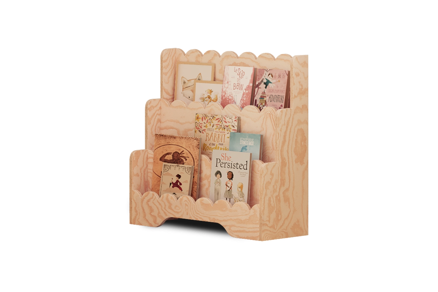 Bibliothèque pour enfants LULU en bois, couleur naturelle, sur fond blanc, remplie de livres, inspirée de la méthode Montessori.