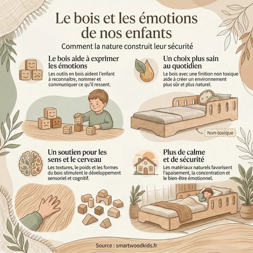 Infographie sur le bois et les émotions des enfants – comment les matériaux naturels favorisent le calme, le développement sensoriel et la sécurité émotionnelle
