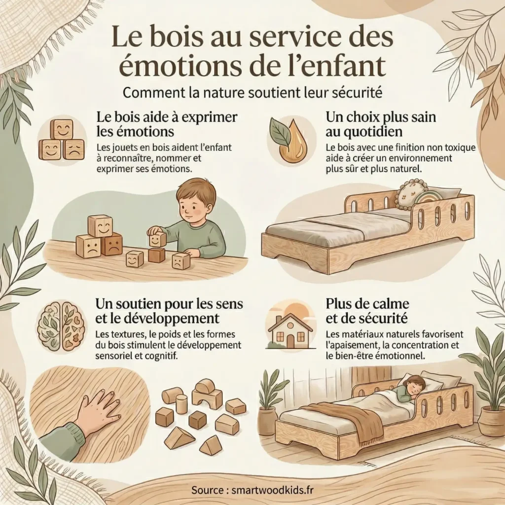 Infographie sur le bois et les émotions des enfants – comment les matériaux naturels favorisent le calme, le développement sensoriel et la sécurité émotionnelle
