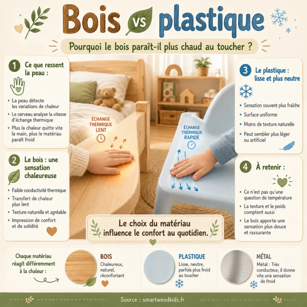 Infographie Smartwood - bois vs plastique : pourquoi le bois paraît plus chaud au toucher et comment la conductivité thermique influence notre confort.