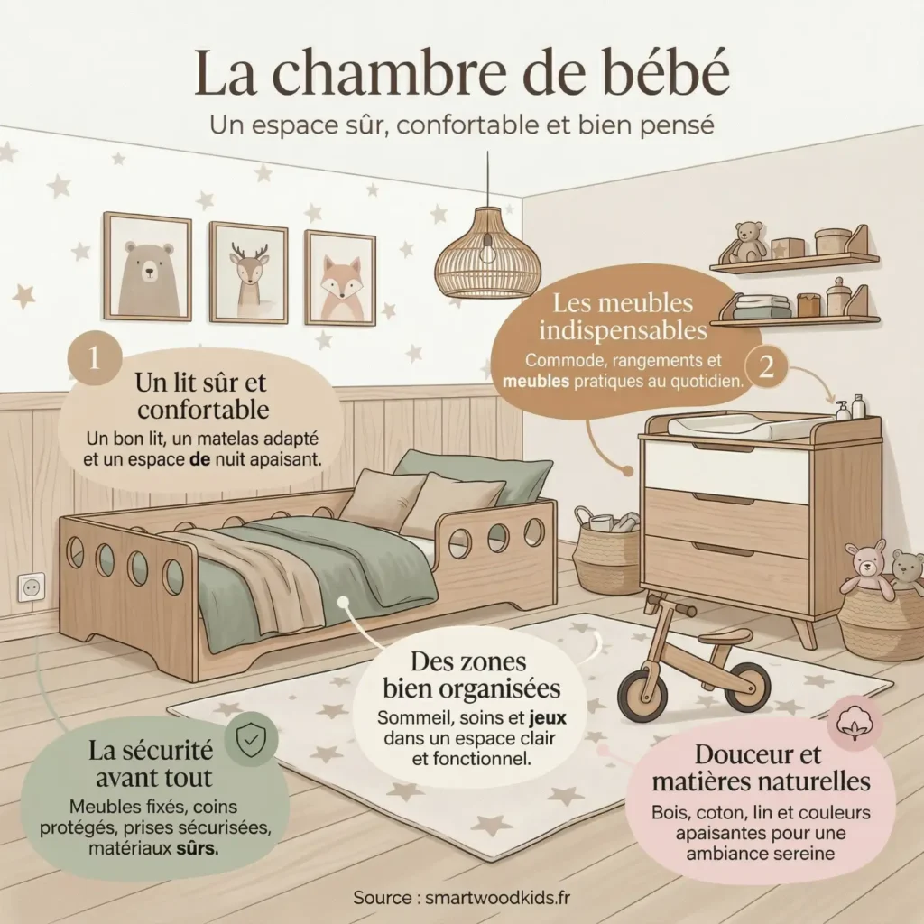 Infographie sur l'aménagement de la chambre de bébé – lit sûr, meubles indispensables, zones organisées et matières naturelles pour un espace confortable