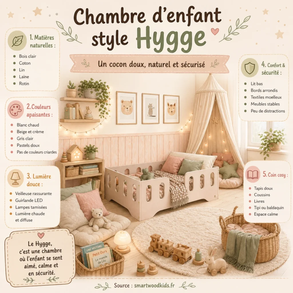Infographie Smartwood - chambre d'enfant style hygge : matières naturelles, couleurs apaisantes, lumière douce et coin cosy pour un cocon sécurisé.