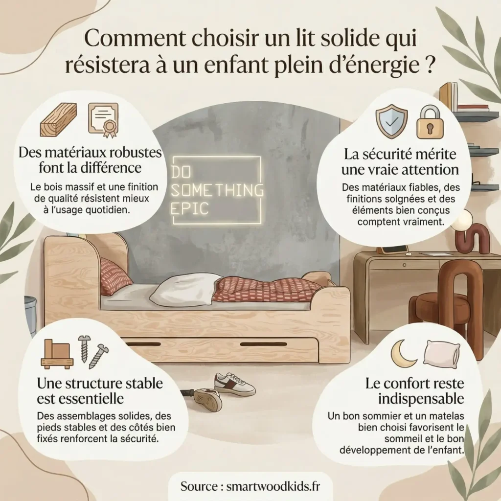  Infographie sur le choix d'un lit solide pour enfant - matériaux robustes, structure stable, sécurité des finitions et confort du sommier et matelas