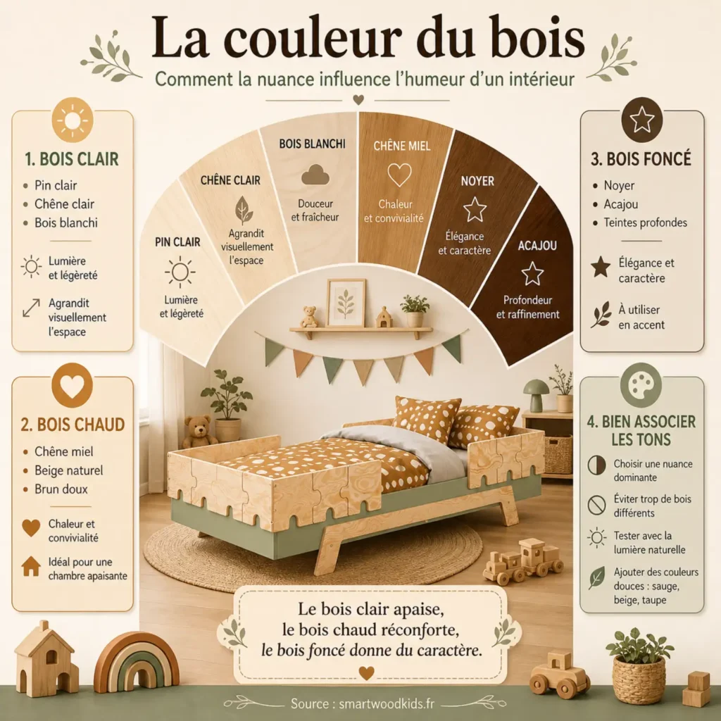 
Infographie Smartwood - la couleur du bois : comment les nuances claires, chaudes et foncées influencent l'humeur d'un intérieur et comment bien associer les tons.