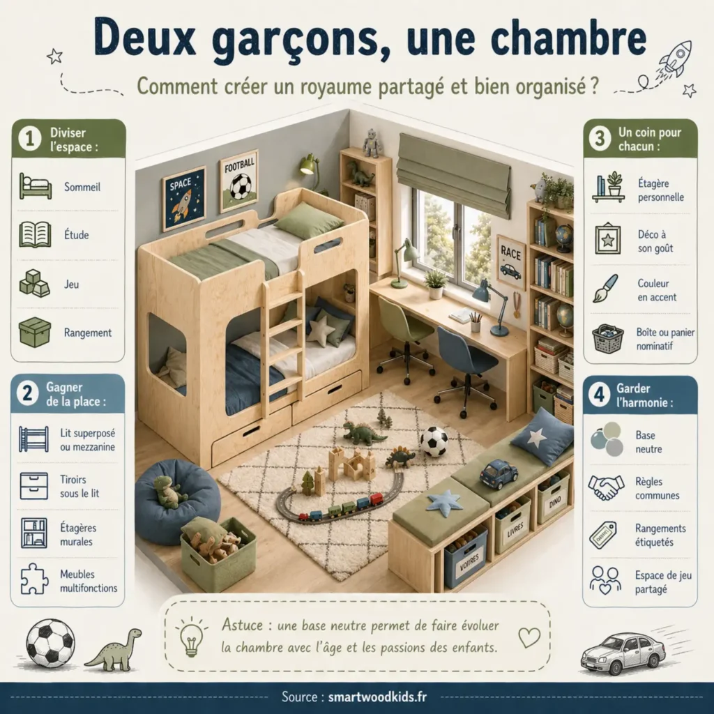 Infographie Smartwood - deux garçons, une chambre : diviser l'espace, gagner de la place et créer un coin pour chacun dans une chambre partagée.