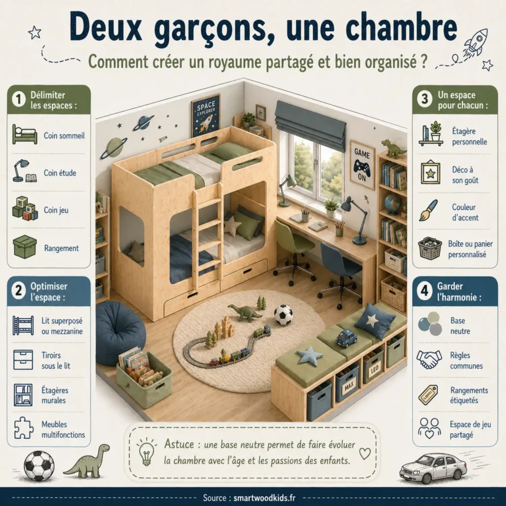 Infographie Smartwood - deux garçons, une chambre : diviser l'espace, gagner de la place et créer un coin pour chacun dans une chambre partagée.