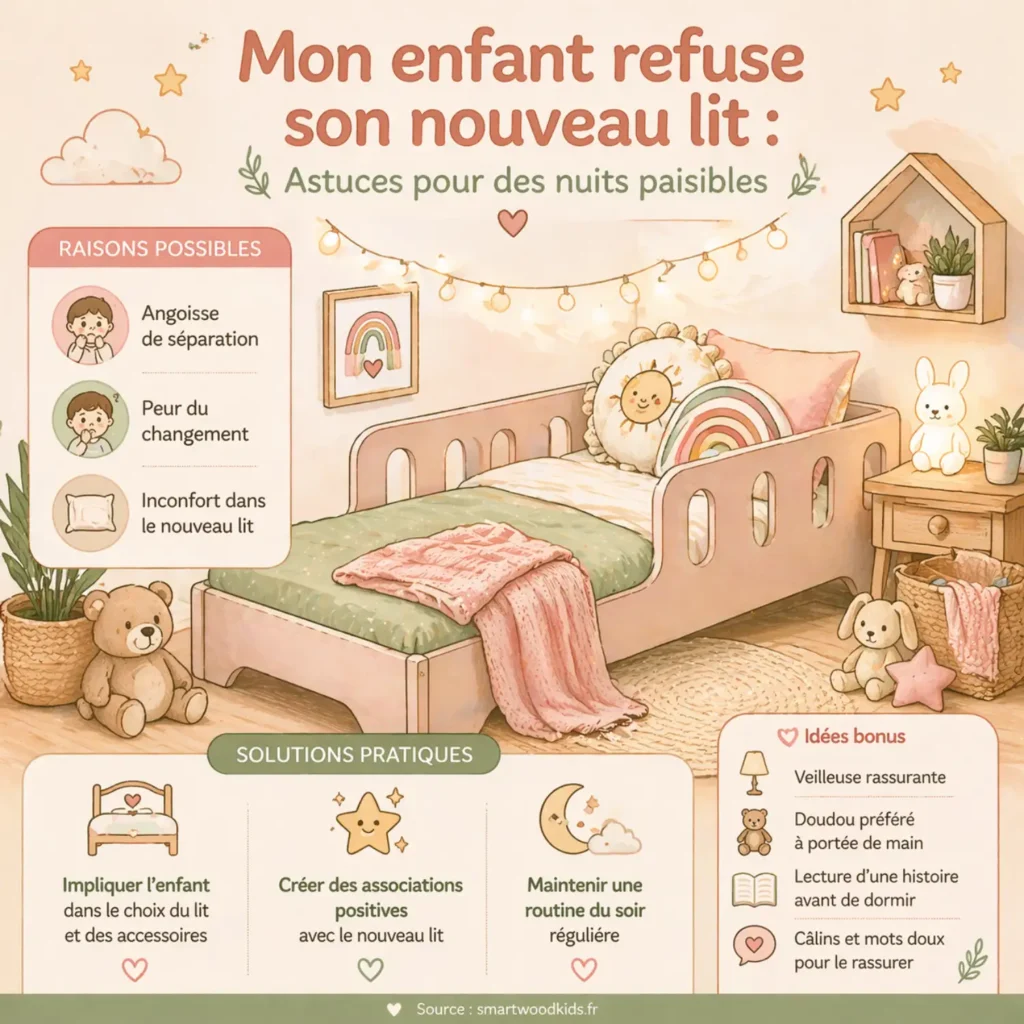 Infographie Smartwood - mon enfant refuse son nouveau lit : raisons possibles et astuces pratiques pour des nuits paisibles.